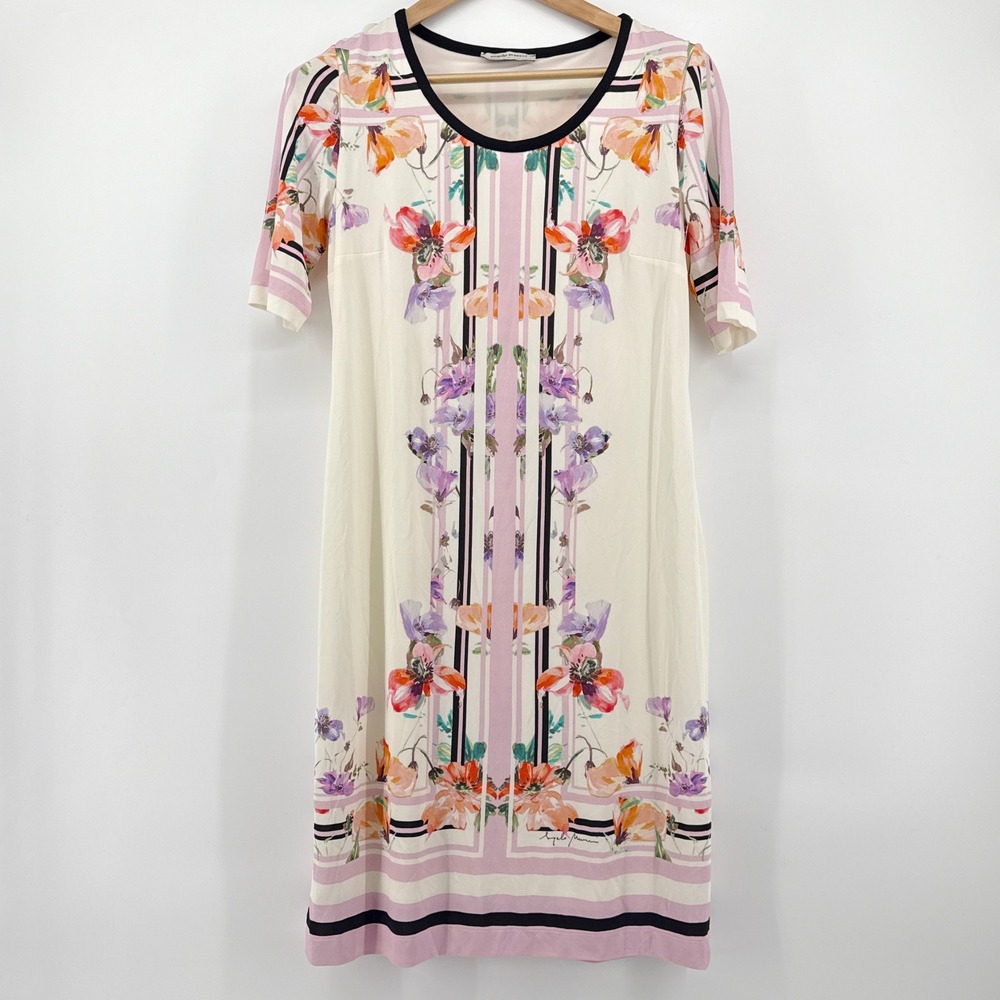 Angelo Marani Italy Floral Striped Cream Short Sleeve Midi Dress Size‎ 44 US 8